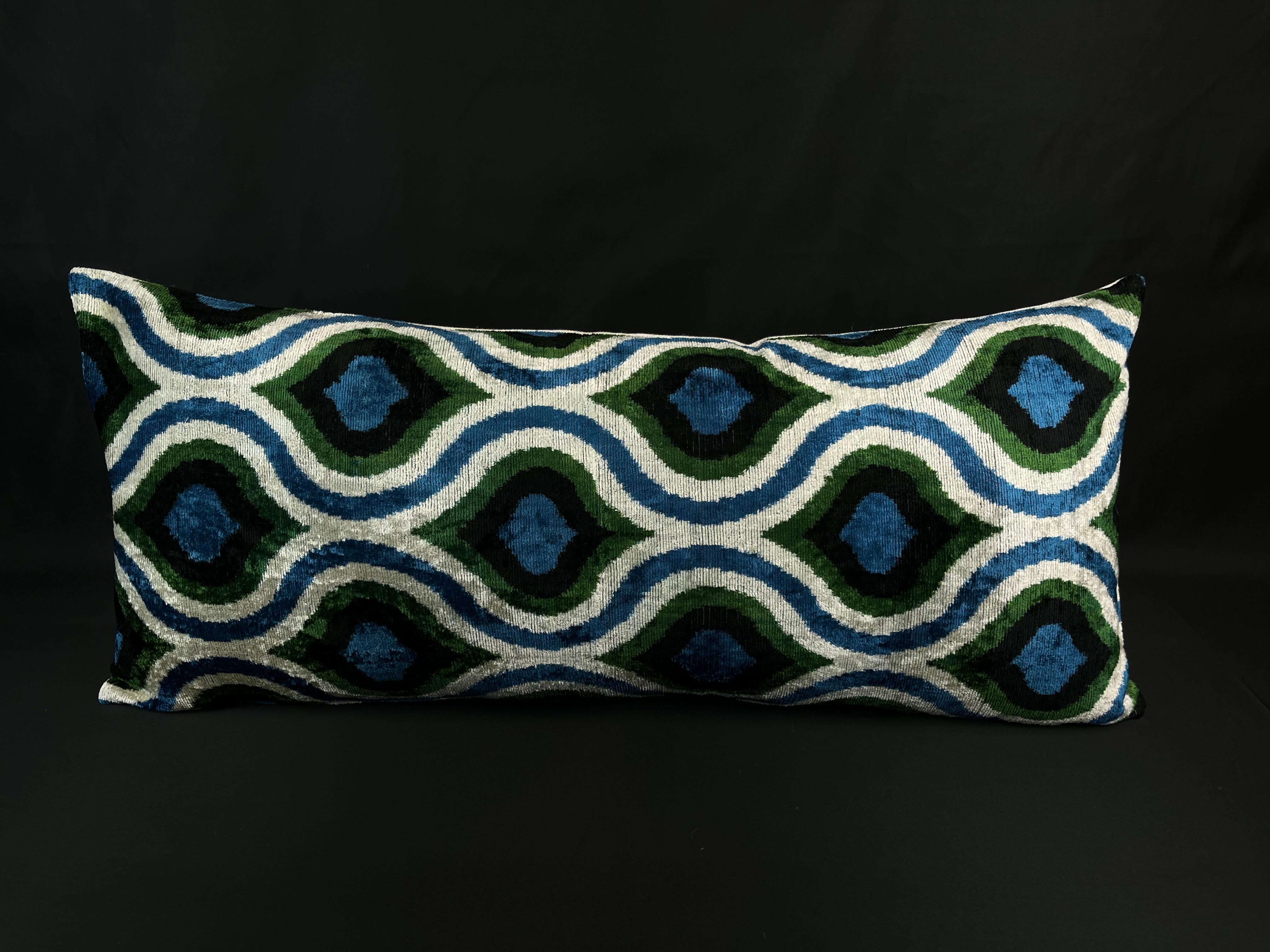 Blue and Green Lumbar Velvet Silk Ikat Pillow Cover In New Condition In Houston, TX