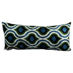 Blue and Green Lumbar Velvet Silk Ikat Pillow Cover
