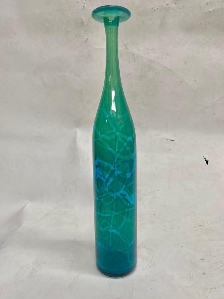 Blue and Green Mdina Tall Glass Bottle Form Vase by Michael Harris For