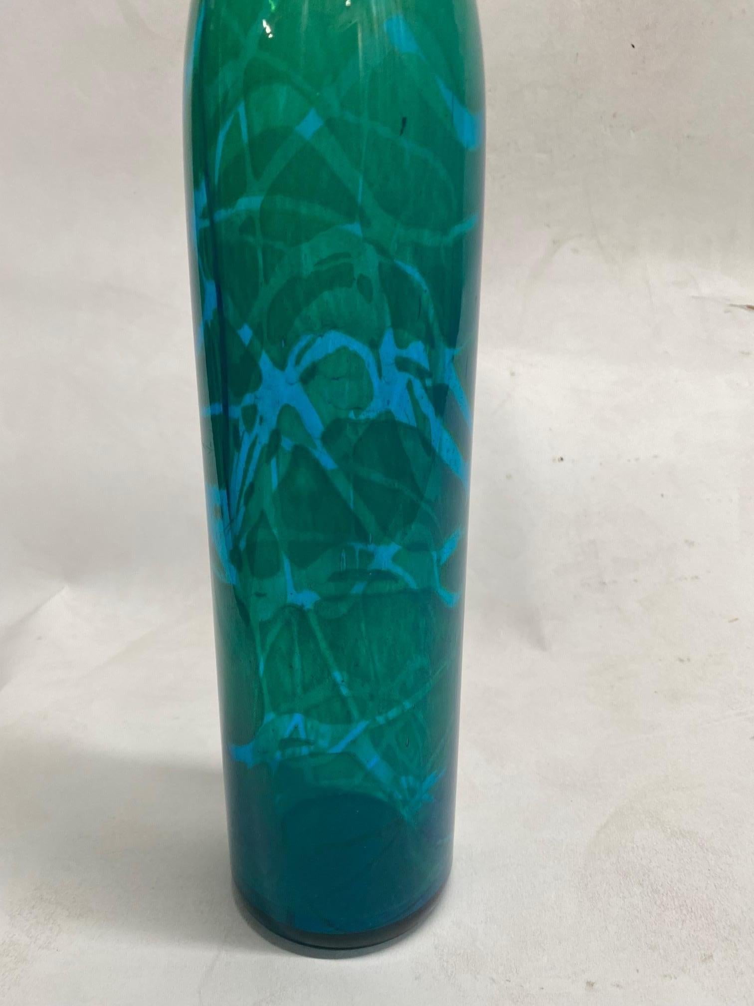 Maltese Blue and Green Mdina Tall Glass Bottle Form Vase by Michael Harris For Sale