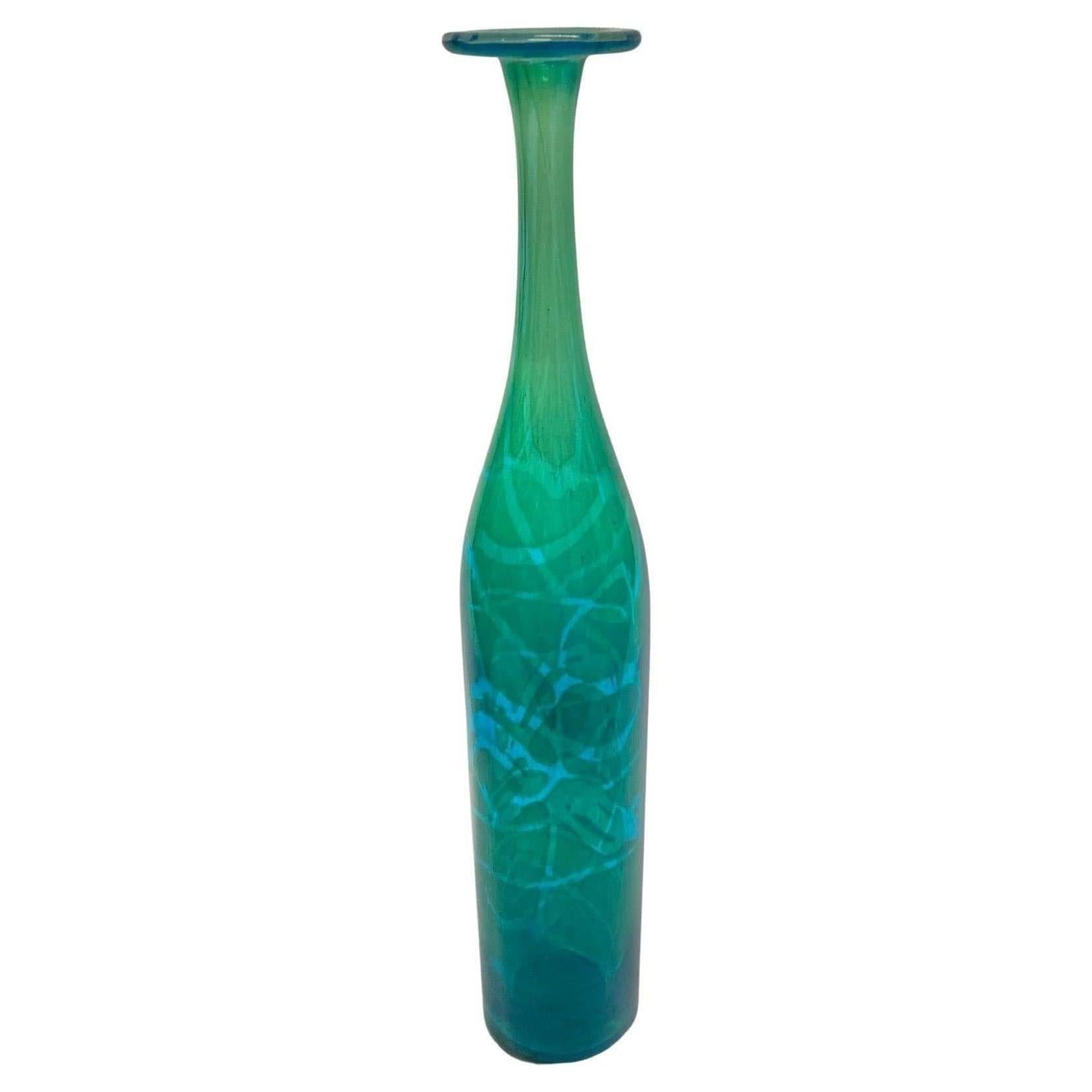 Blue and Green Mdina Tall Glass Bottle Form Vase by Michael Harris For Sale