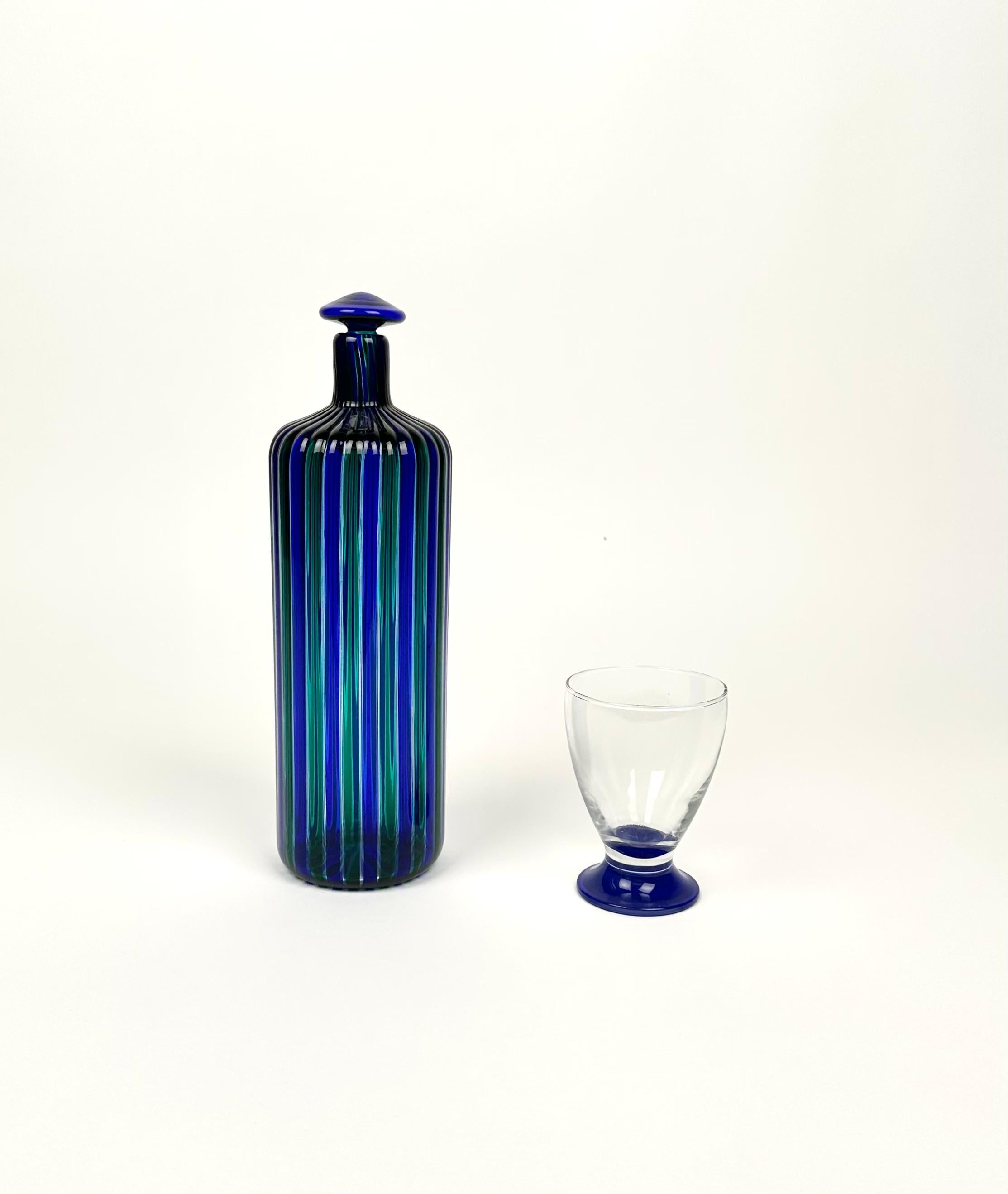 Mid-Century Modern Blue and Green Murano Glass Bottle by Fulvio Bianconi for Venini, Italy 1988 For Sale