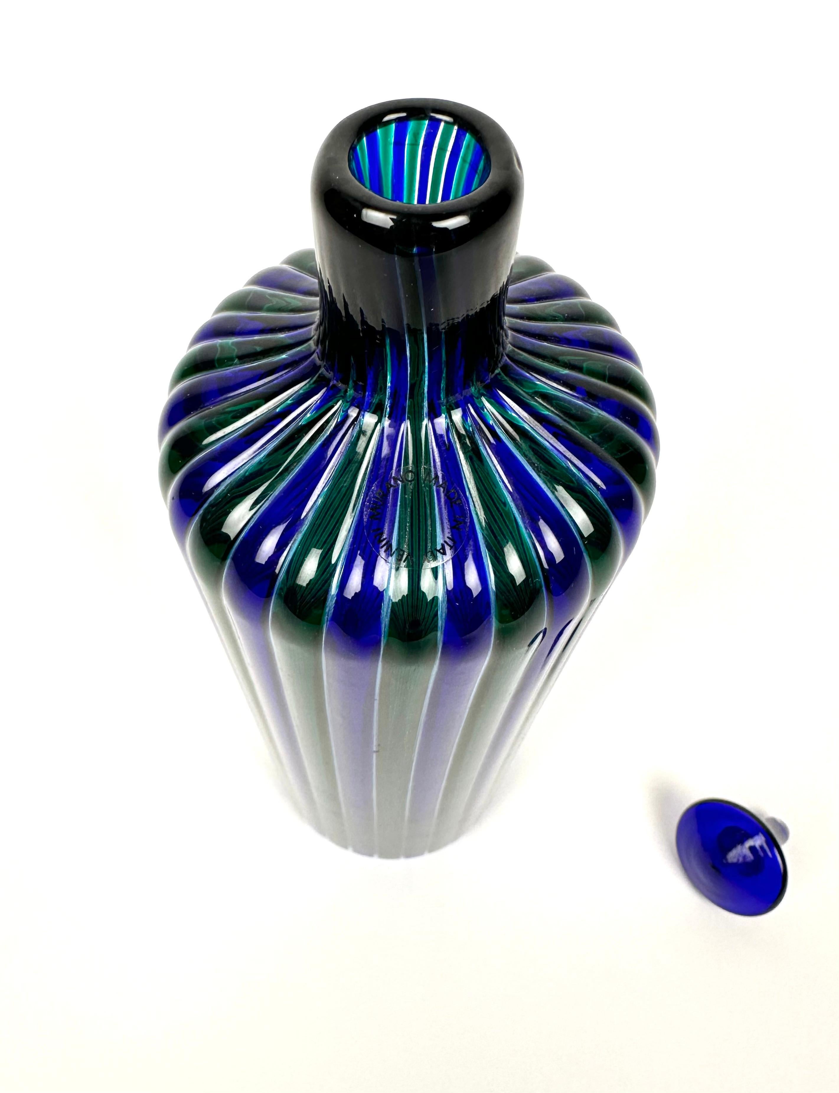 Italian Blue and Green Murano Glass Bottle by Fulvio Bianconi for Venini, Italy 1988 For Sale
