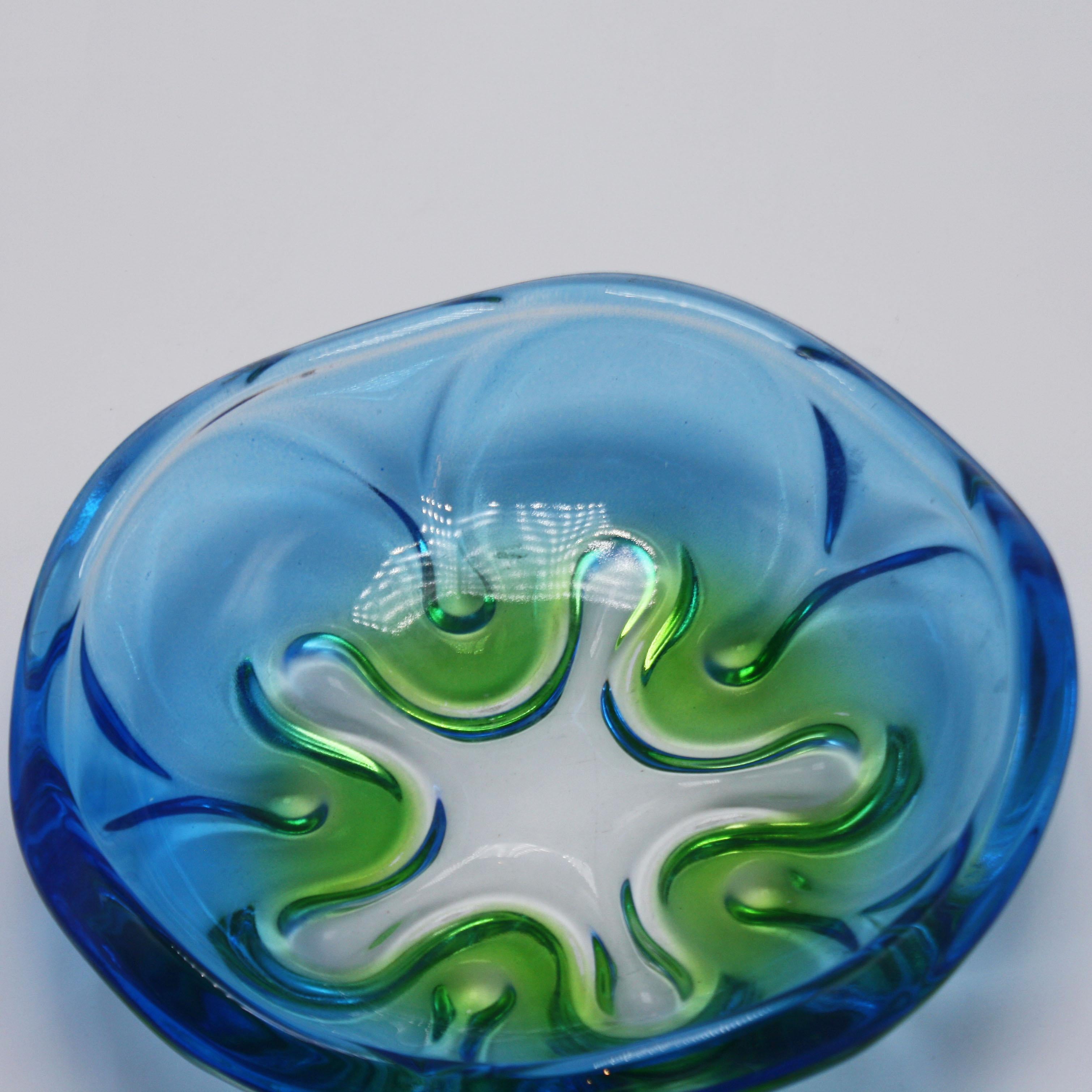French Blue and Green Murano Glass Bowl, circa 1970