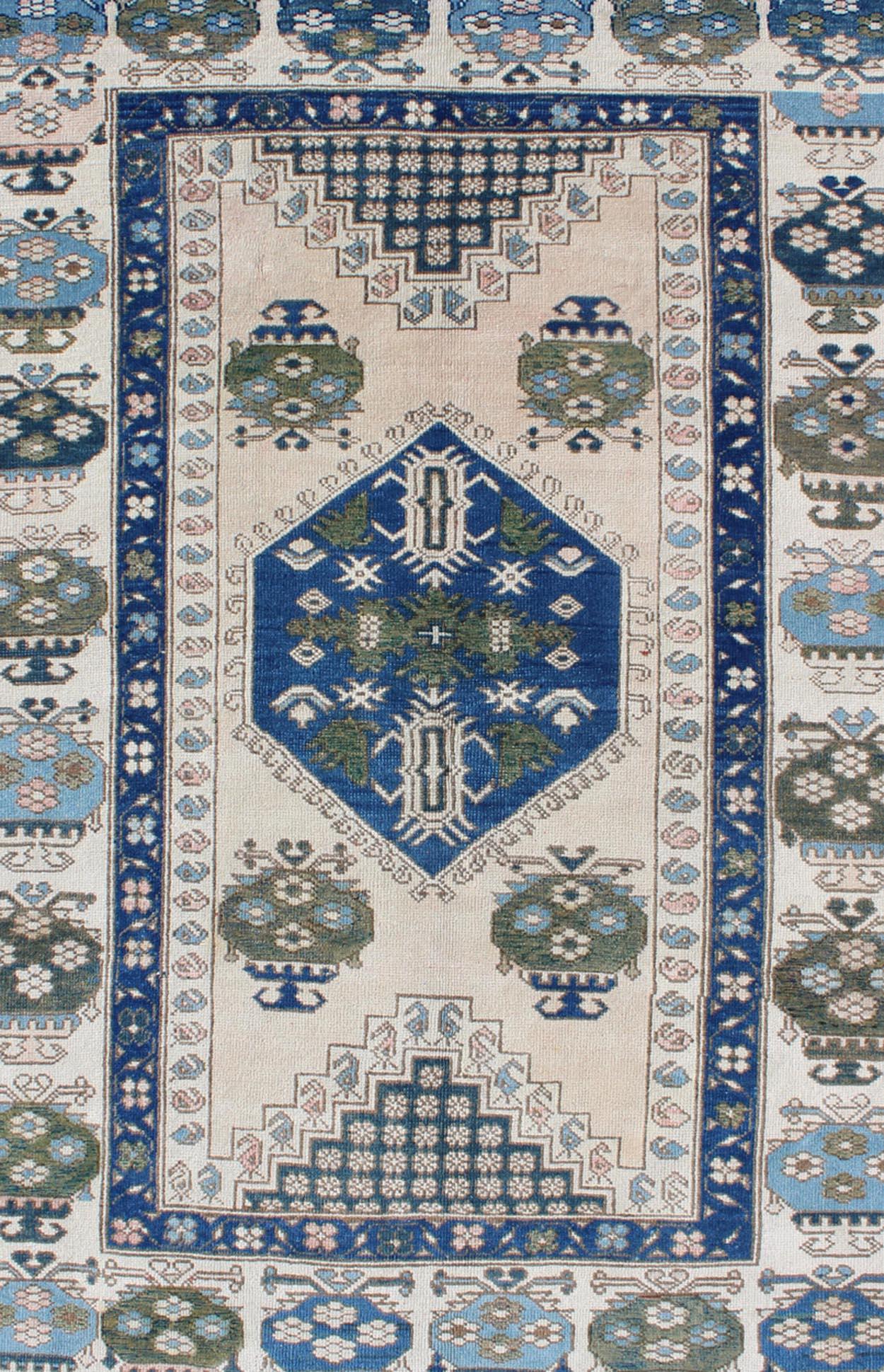 Turkish Blue and Green Geometric Oushak Vintage Rug With Medallion For Sale