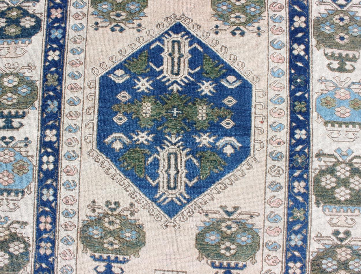 Hand-Knotted Blue and Green Geometric Oushak Vintage Rug With Medallion For Sale