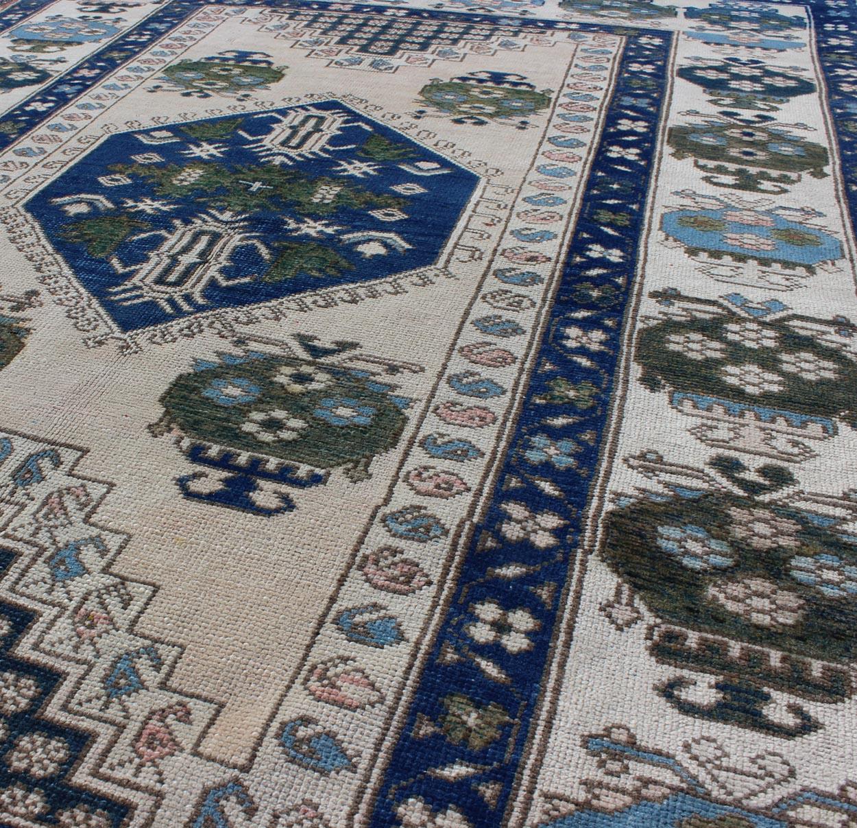 Blue and Green Geometric Oushak Vintage Rug With Medallion In Good Condition For Sale In Atlanta, GA