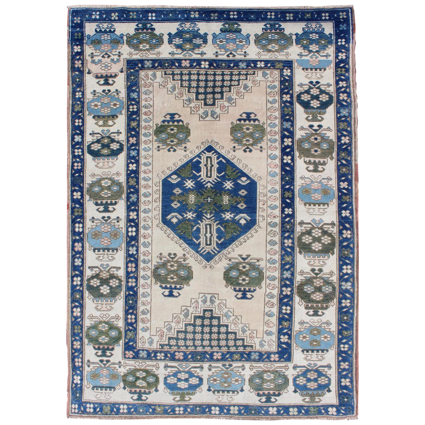Blue and Green Geometric Oushak Vintage Rug With Medallion For Sale