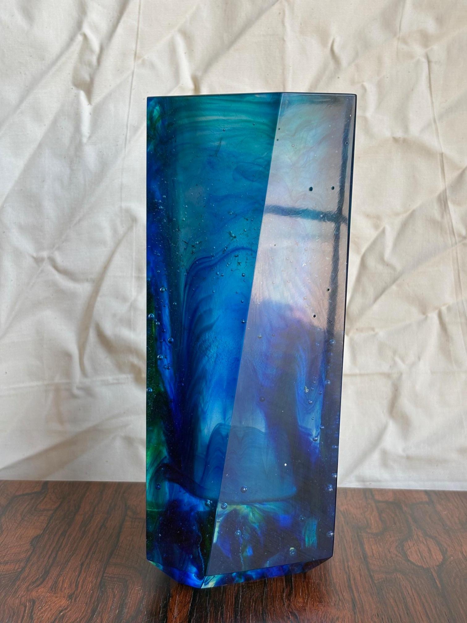 French Blue and Green PAte de verra vase by Erich Schamschula For Sale
