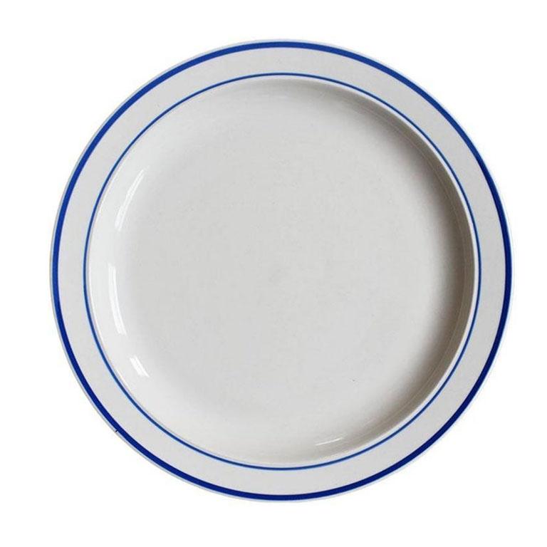 A set of four stoneware restaurantware plates. Each plate is glazed in white, with either a blue or green border around the rim. (Two blue, and two green) Marked at bottom: stoneware Made In China

Dimensions:
10