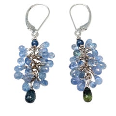 Blue and Green Sapphire Briolette Cluster Earrings in 14 Karat White Gold