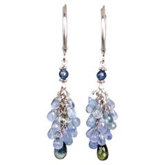 Blue and Green Sapphire Briolette Cluster Earrings in 14 Karat White Gold
