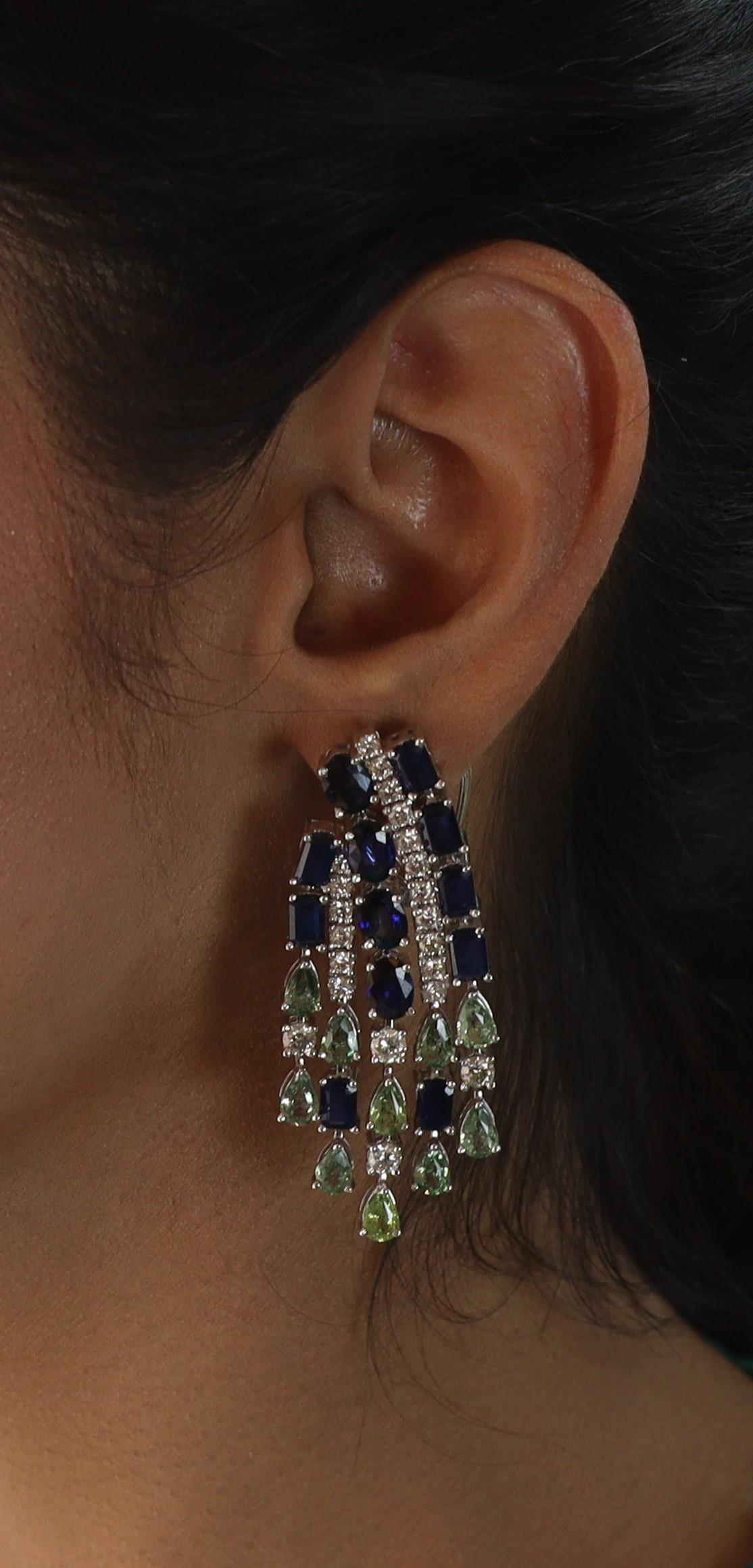 Brilliant Cut Natural Blue and Green Sapphires Diamond Dangle Earrings in 18k Solid Gold For Sale