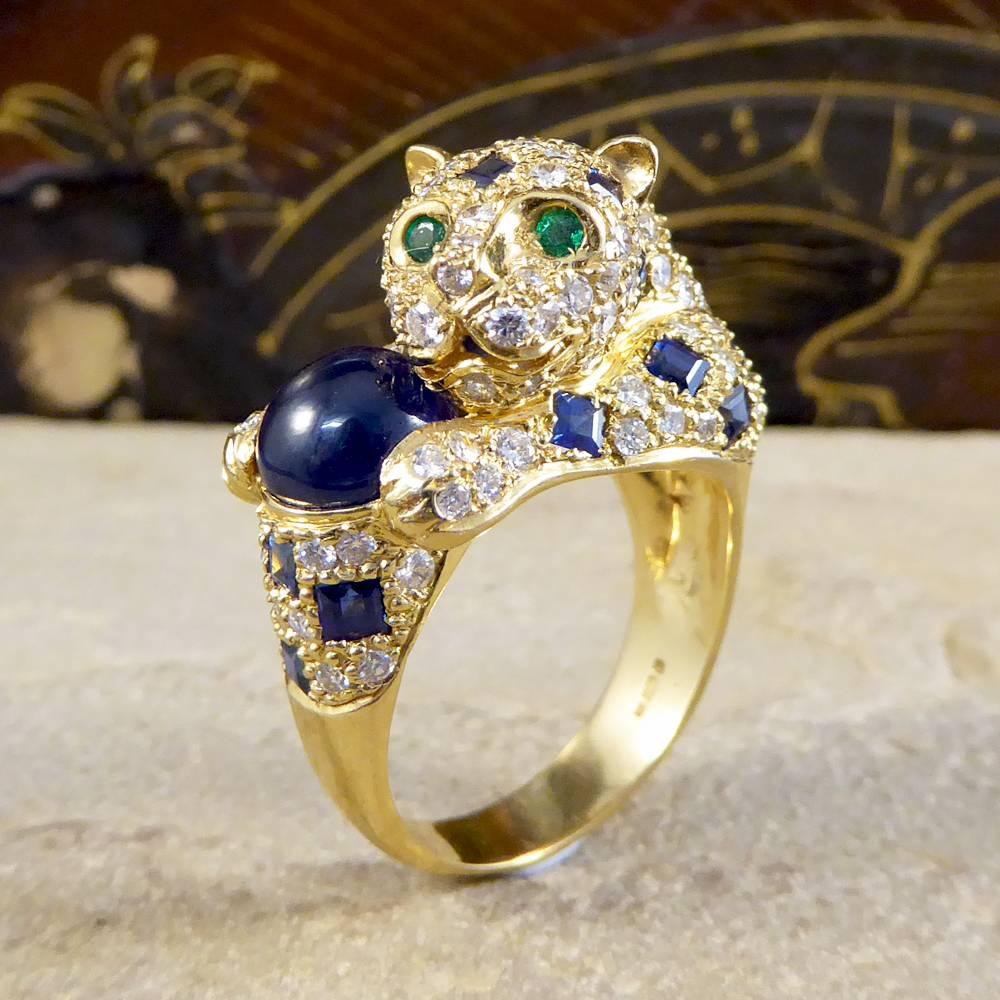 Modern Blue and Green Sapphire, Diamond and Emerald Set 18 Carat Gold Cat Ring