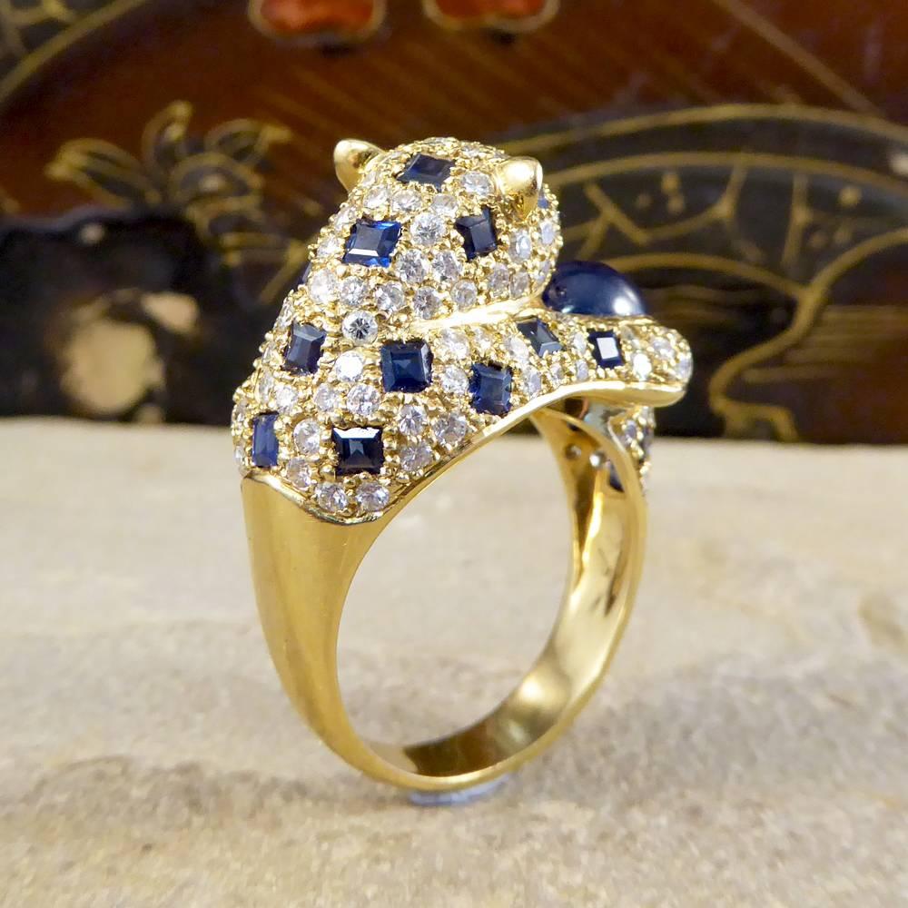 Women's or Men's Blue and Green Sapphire, Diamond and Emerald Set 18 Carat Gold Cat Ring