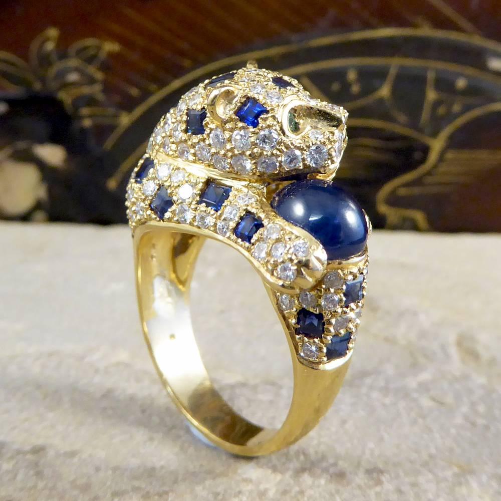 Blue and Green Sapphire, Diamond and Emerald Set 18 Carat Gold Cat Ring 1