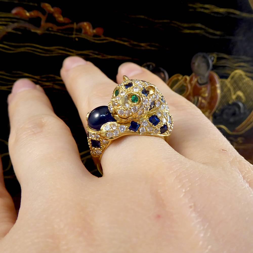 Blue and Green Sapphire, Diamond and Emerald Set 18 Carat Gold Cat Ring 2