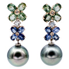Blue and Green Sapphires Diamonds Moonlights Grey Pearls 14Kt Rose Gold Earrings