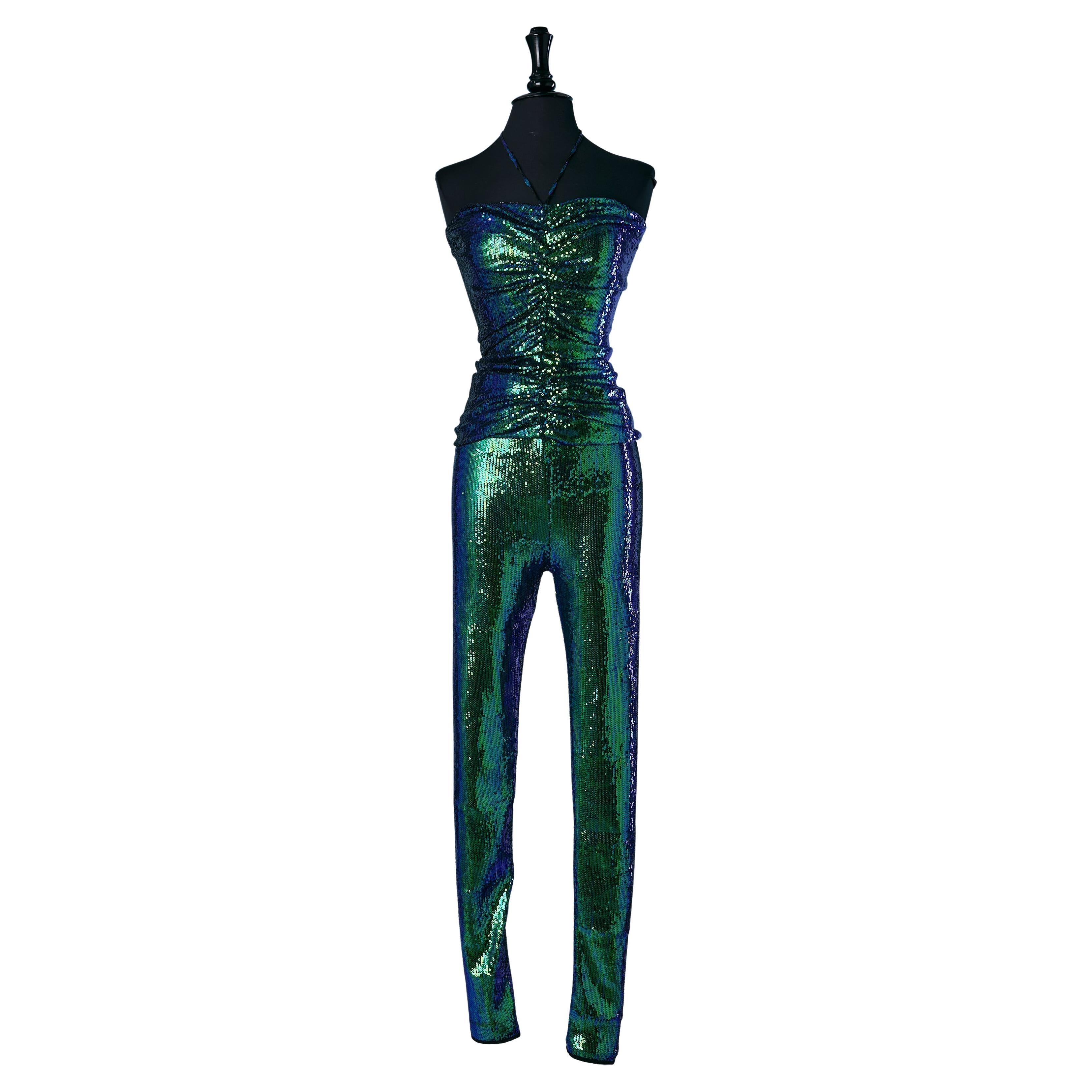 Blue and green sequin bustier and legging ensemble ALEXANDRE VAUTHIER