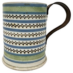 Blue and Green Staffordshire Pottery Mochaware Mug with Make-Do Tin Handle