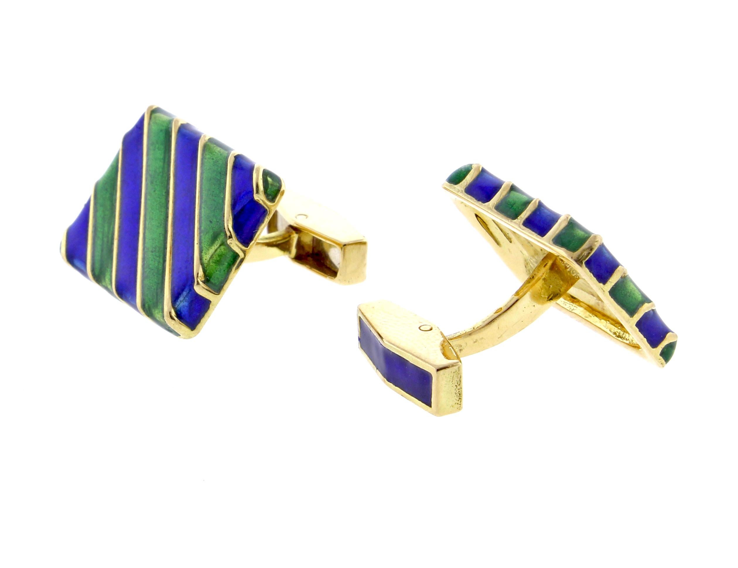The rectangular cufflinks measure 3/4 by 5/8 of and inch.  The links feature alternating stripes of blue and green 
Cloisonne enamel.  19 grams