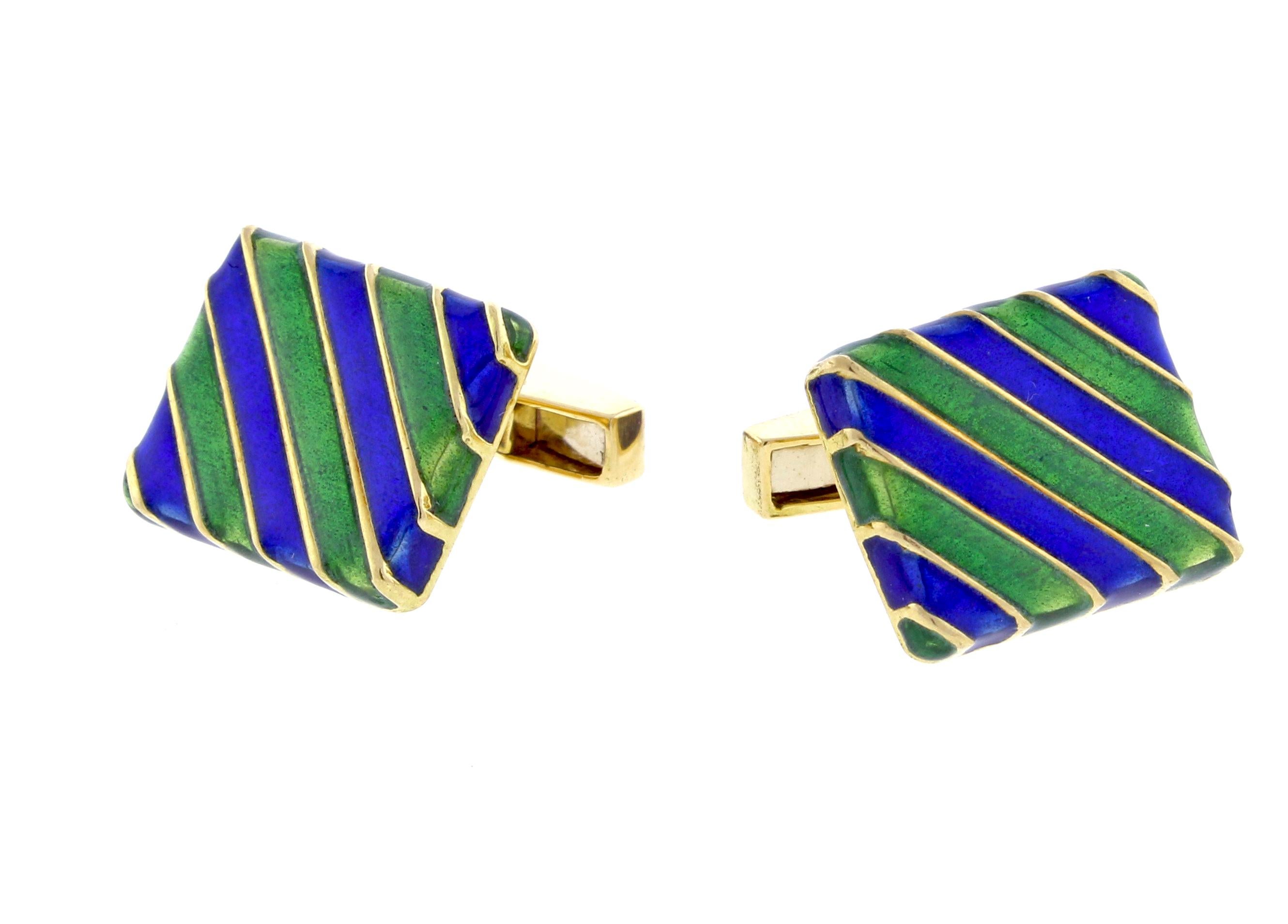 Women's or Men's Blue and Green Striped 18 Karat Gold Cufflinks