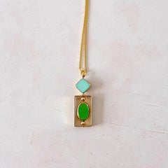 Blue and Green Vintage Glass Bauhaus 18K Gold-plated Silver Pendant Necklace