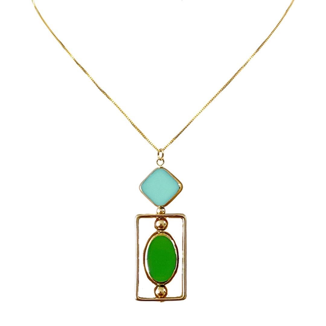Collar colgante de vidrio azul y verde vintage Bauhaus de plata chapada en oro de 18 quilates en Nuevo estado para la venta en Monrovia, CA
