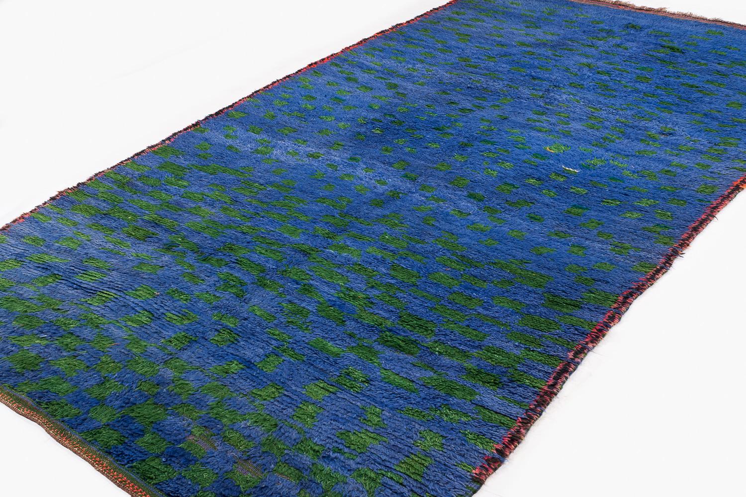 Mid-Century Modern Collectible Antique Midcentury Blue Green Vintage Moroccan Wool Shag Area Rug For Sale