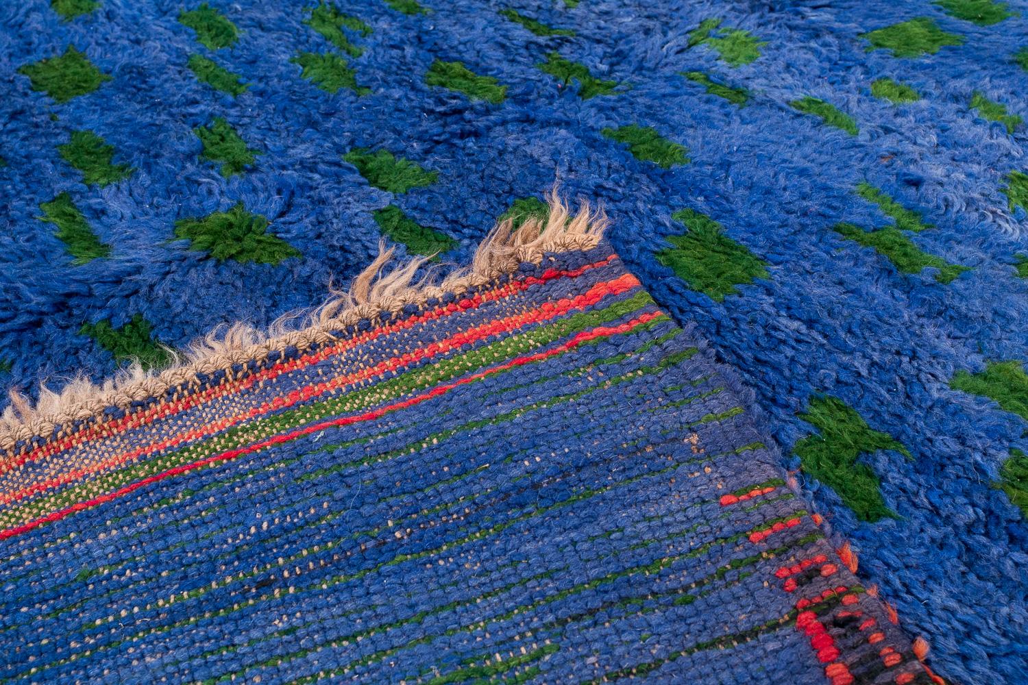 20th Century Collectible Antique Midcentury Blue Green Vintage Moroccan Wool Shag Area Rug For Sale