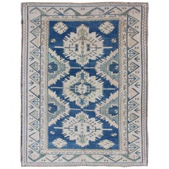 Blue and Green Vintage Turkish Oushak in Geometric Medallions