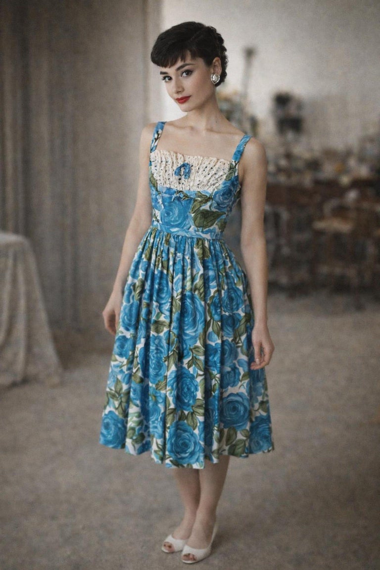 Blue And Green Watercolor Floral Sun Dress, Circa 1950s