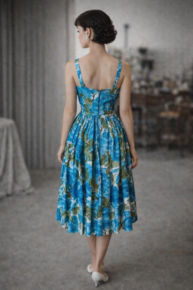 blue fifties dress Zapaka Women Floral 1950s Vintage Light V Neck Swing Retro Dress, White Blue Flower / XL 1 x Womens Dress Vintage 1950s Blue Voile Cocktail