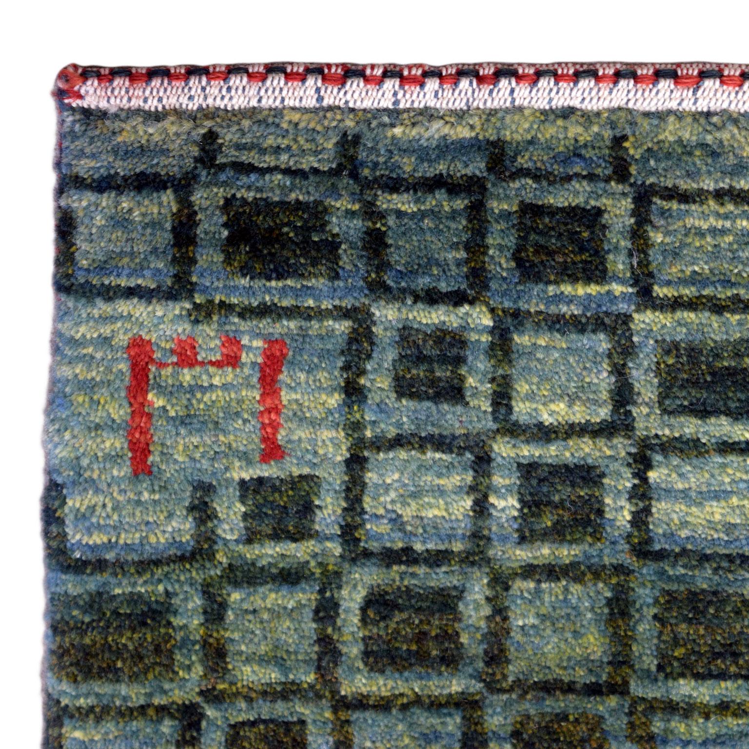 Blue and Green Wool Persian Gabbeh Carpet with Geometric Pattern 3' x 4' In New Condition For Sale In New York, NY