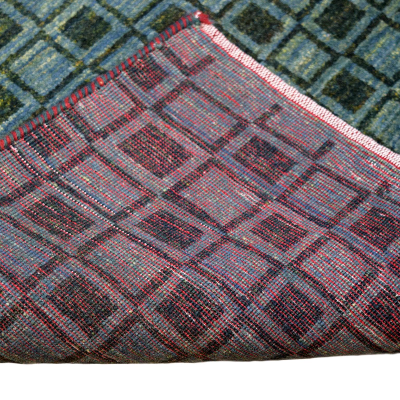 Blue and Green Wool Persian Gabbeh Carpet with Geometric Pattern 3' x 4' For Sale 1