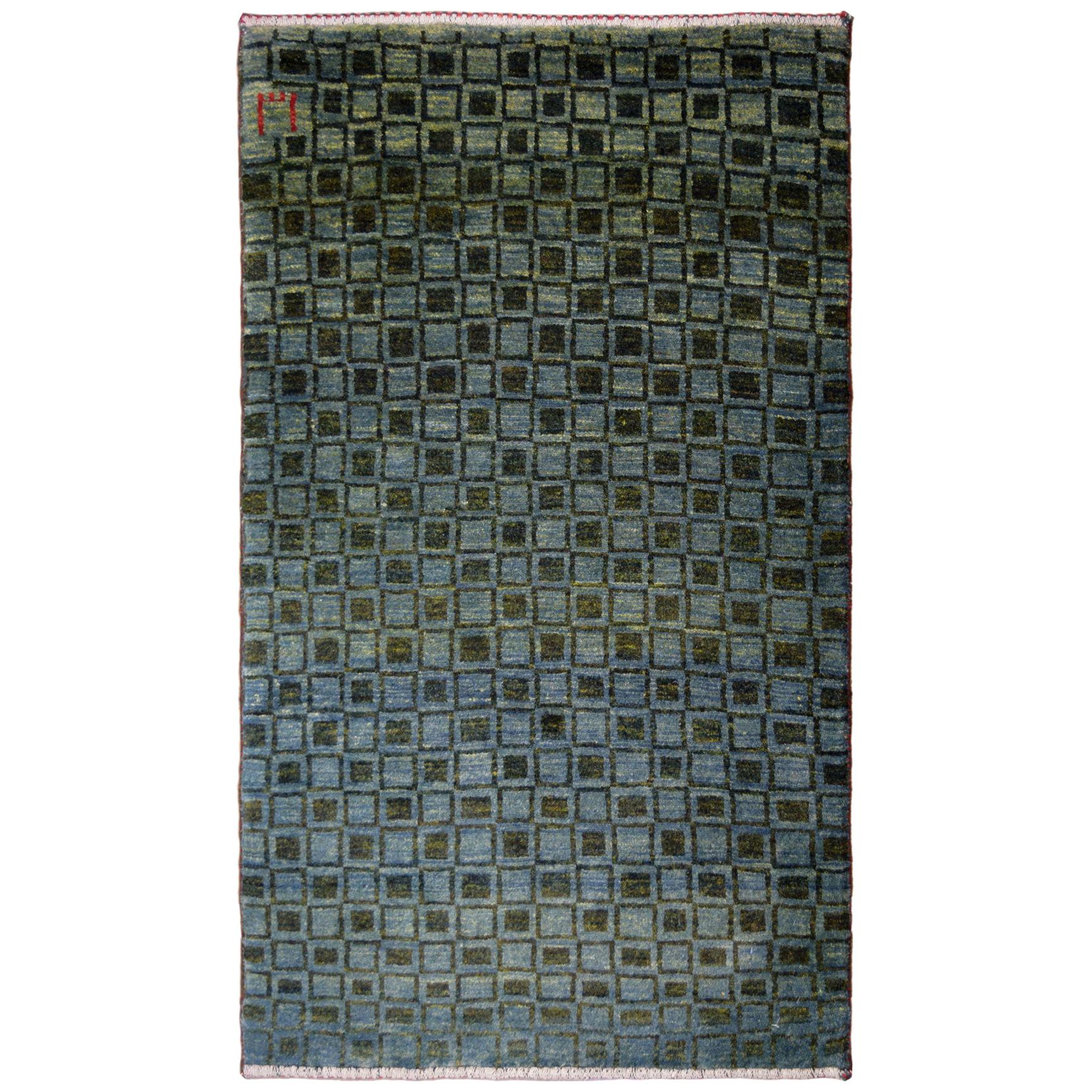 Blue and Green Wool Persian Gabbeh Carpet with Geometric Pattern