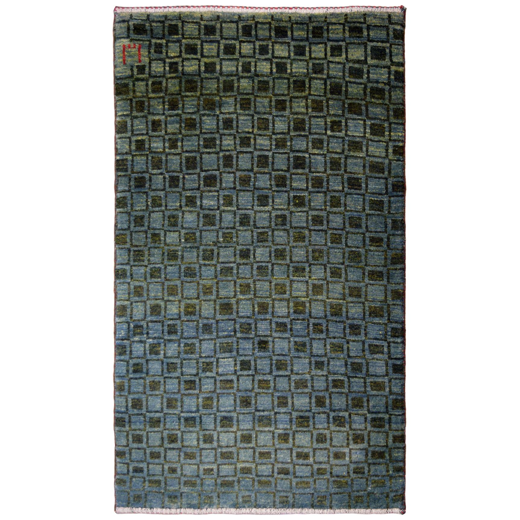 Blue and Green Wool Persian Gabbeh Carpet with Geometric Pattern 3' x 4' For Sale