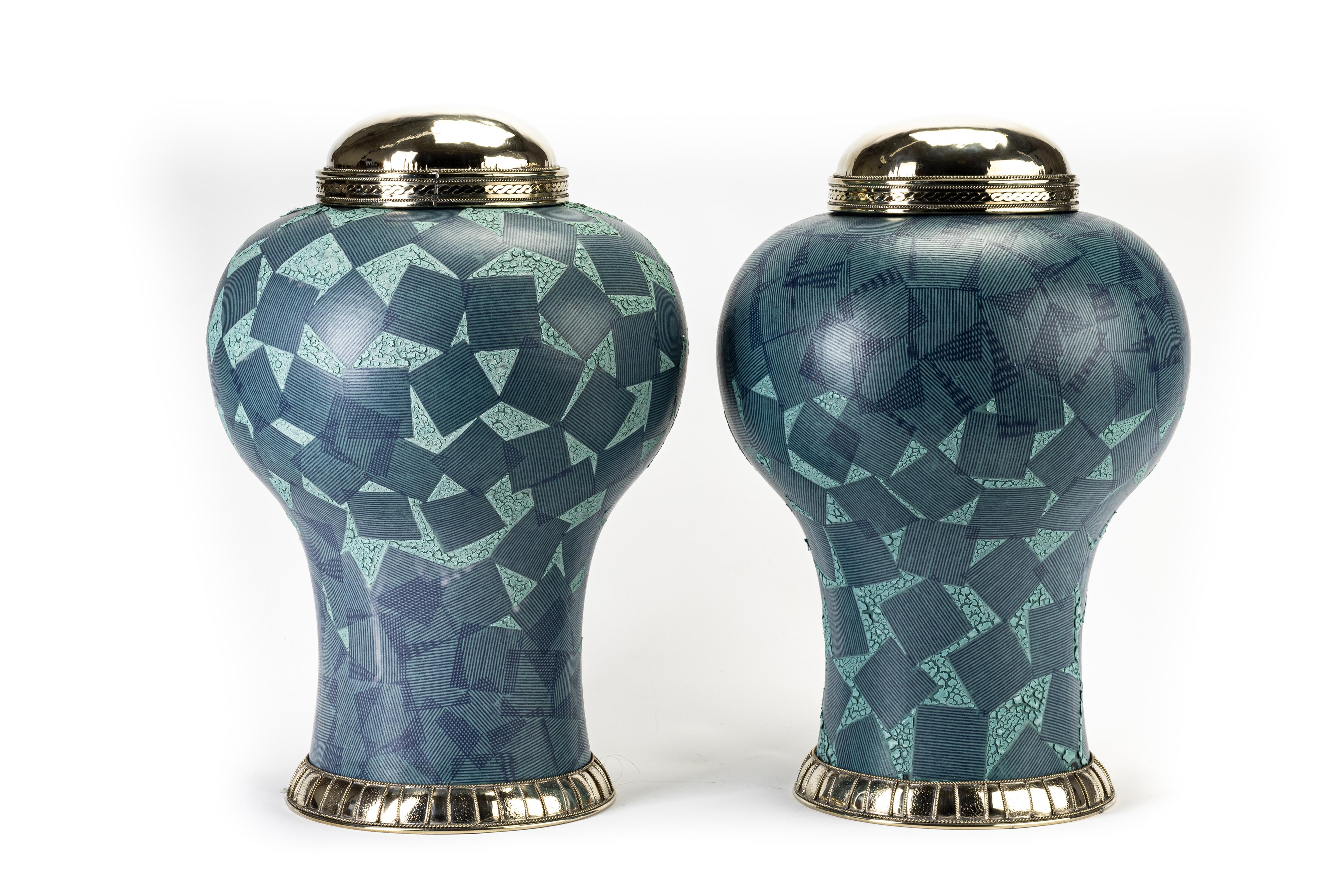 Mexican Blue and Gren Jar by Estudio Guerrero, Glazed Ceramic and White Metal