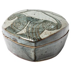 Caja de cerámica decorativa o joyero azul y gris del siglo XX La Borne 1970
