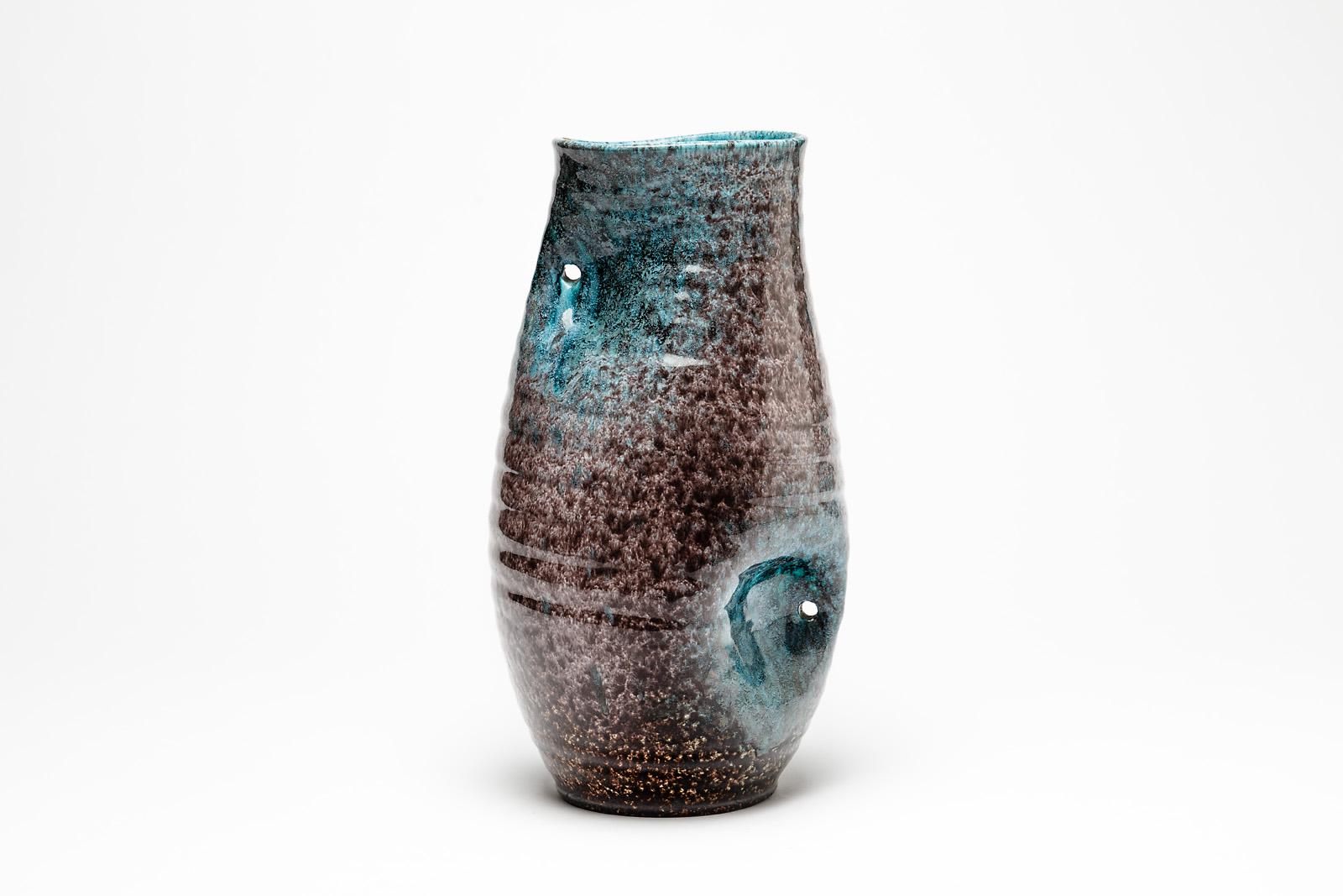 Blue and Grey Freeform Ceramic Vase by Accolay circa 1960 French Midcentury In Excellent Condition For Sale In Neuilly-en- sancerre, FR