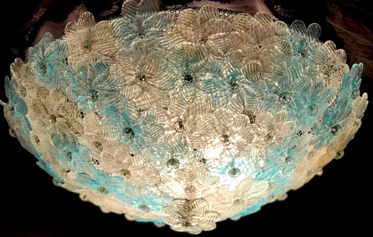Mid-Century Modern Blue and Ice Murano Glass Ceiling Floral Basket by Barovier & Toso, 1970s For Sale