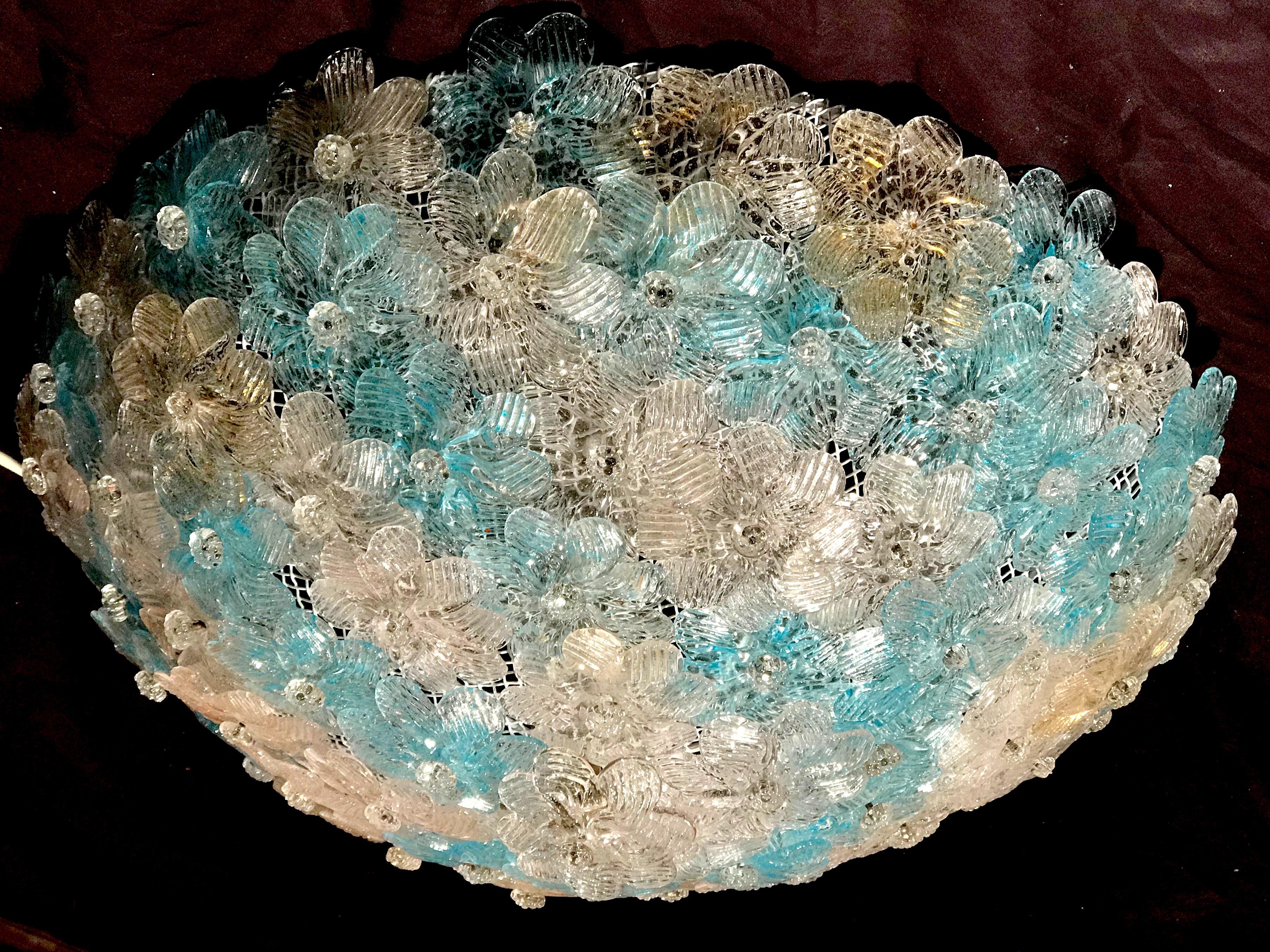 Blue and Ice Murano Glass Ceiling Floral Basket by Barovier & Toso, 1970s In Good Condition For Sale In Rome, IT