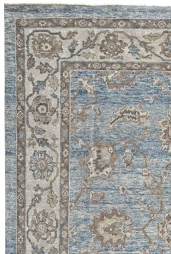 Blue and Ivory Antique Handmade Wool Distressed Room Size Turkish Oushak Rug