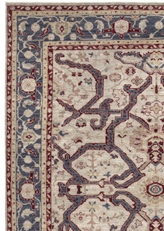 Blue and Ivory Antique Handmade Wool Distressed Room Size Turkish Oushak Rug