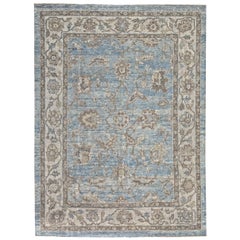 Blue and Ivory Antique Handmade Wool Distressed Room Size Turkish Oushak Rug