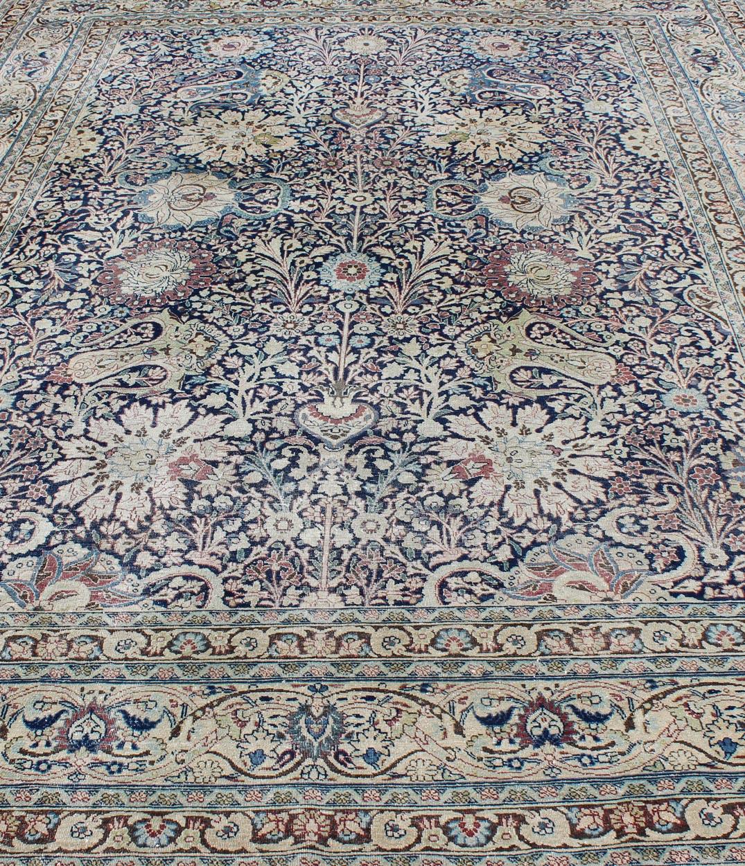 Navy Blue Antique Persian Fine Tabriz Rug with All-Over Large Scale Flowers  For Sale 1