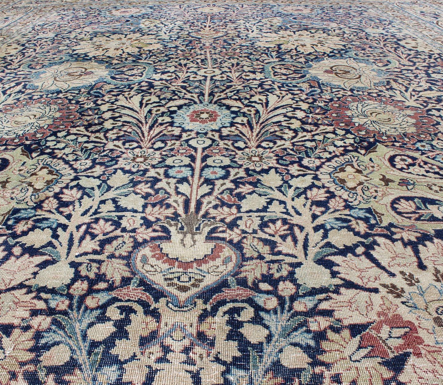 Navy Blue Antique Persian Fine Tabriz Rug with All-Over Large Scale Flowers  For Sale 2