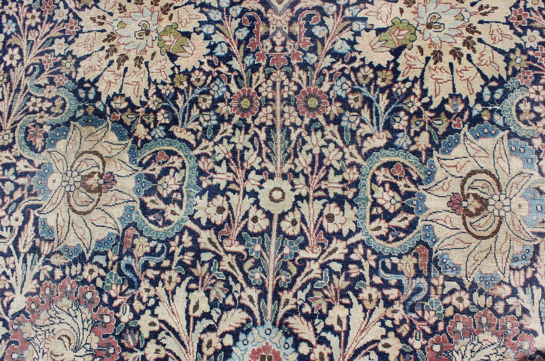 Navy Blue Antique Persian Fine Tabriz Rug with All-Over Large Scale Flowers  For Sale 3