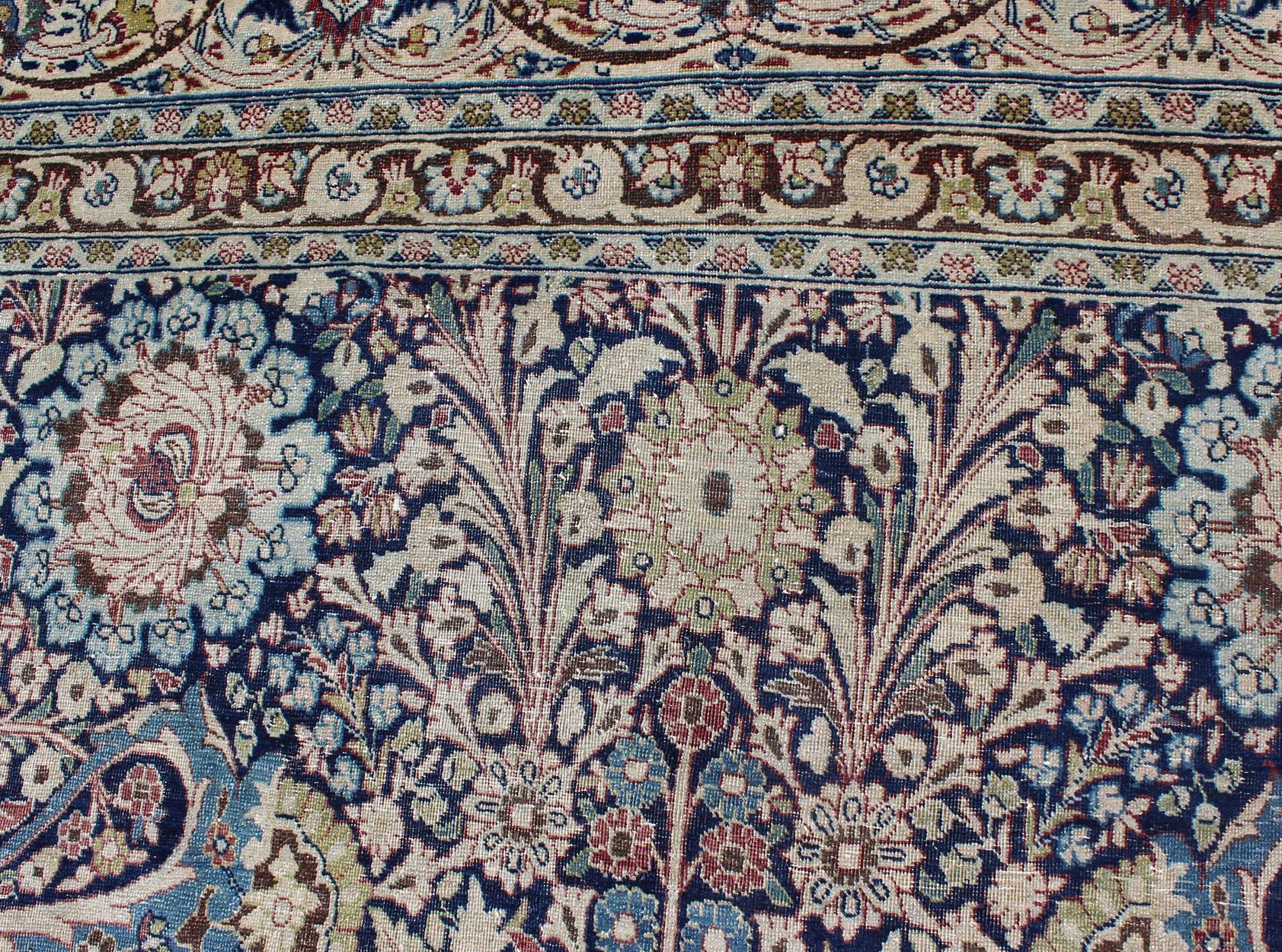 Navy Blue Antique Persian Fine Tabriz Rug with All-Over Large Scale Flowers  For Sale 4