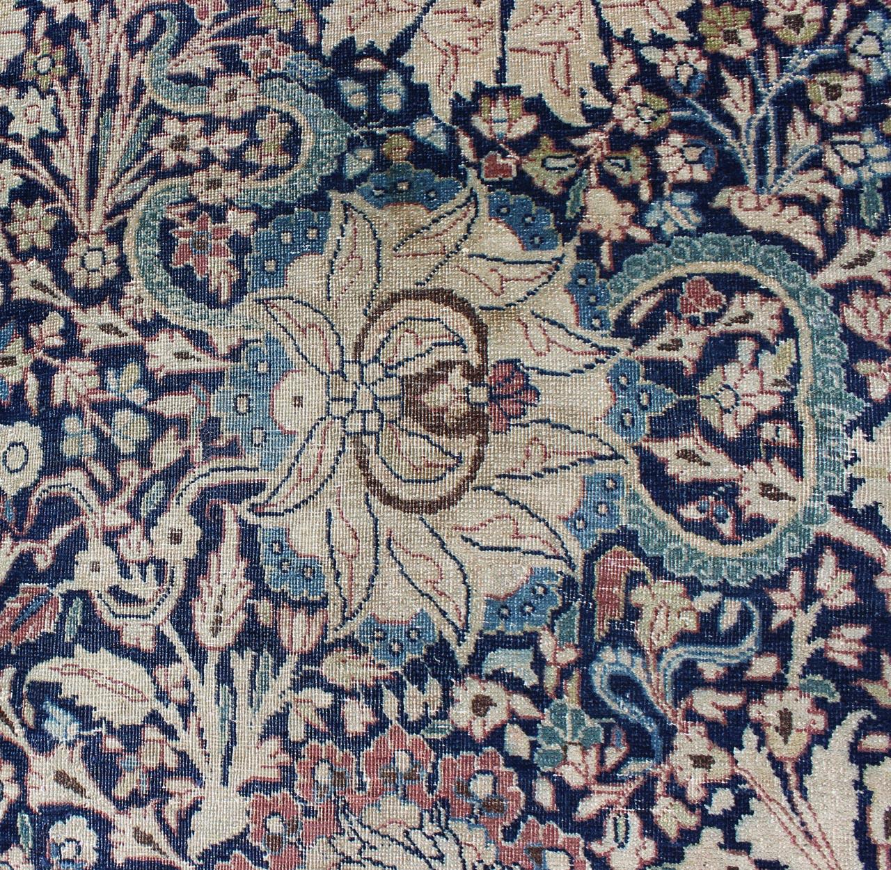Hand-Knotted Navy Blue Antique Persian Fine Tabriz Rug with All-Over Large Scale Flowers  For Sale